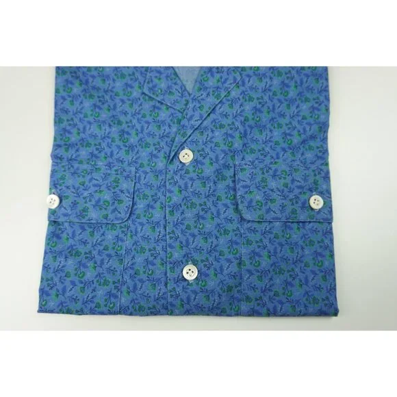 Isaia Napoli Blue Green Floral Pocket Short Sleeve Cotton Camp Shirt 15.5/39 NEW - Picture 2 of 5